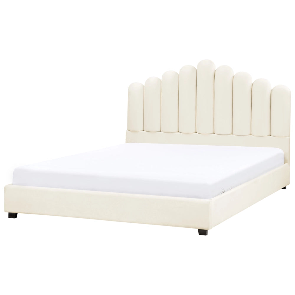 Letto matrimoniale rete a doghe velluto bianco sporco 180 x 200 testiera a conchiglia