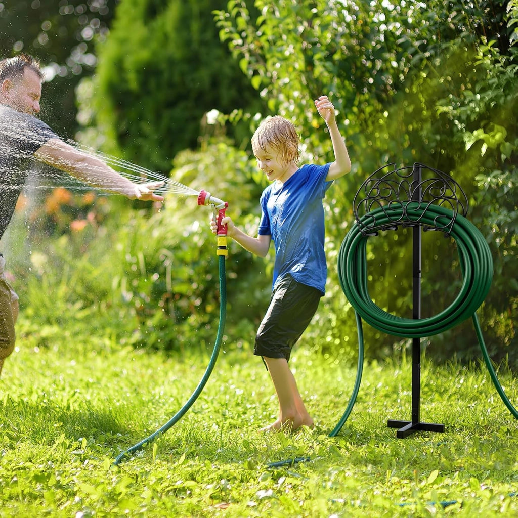 Supporto per Tubo da Giardino, Porta Tubo da Terra in Metallo con 3 Punti di Ancoraggio, Supporto per Tubo Staccabile per Giardino, Prato, Nero