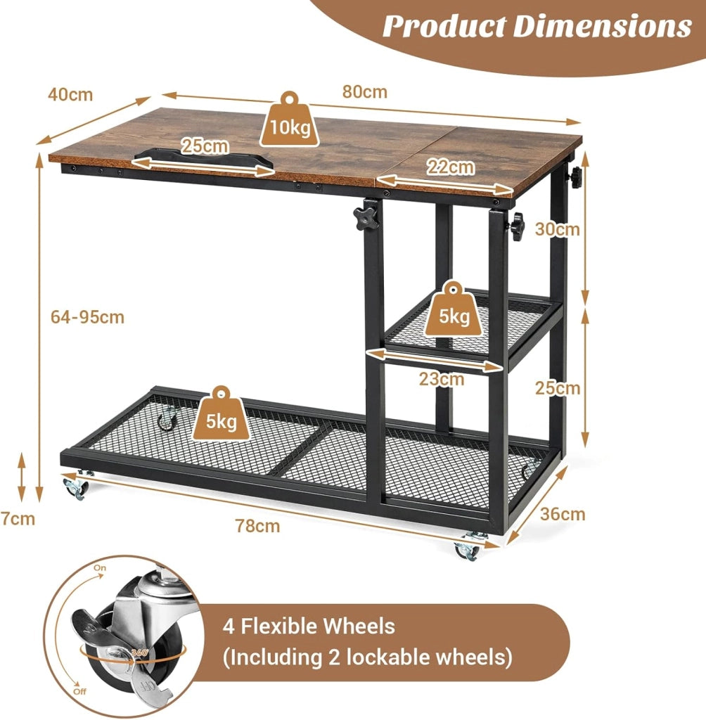 Tavolino Laterale, a Forma di C, Reclinabile a 5 Livelli, 3 Ripiani da Portata, Tavolino da Divano con Ruote, Industriale, Supporto in Ferro, Portata di 20 kg, 80x40x95 cm