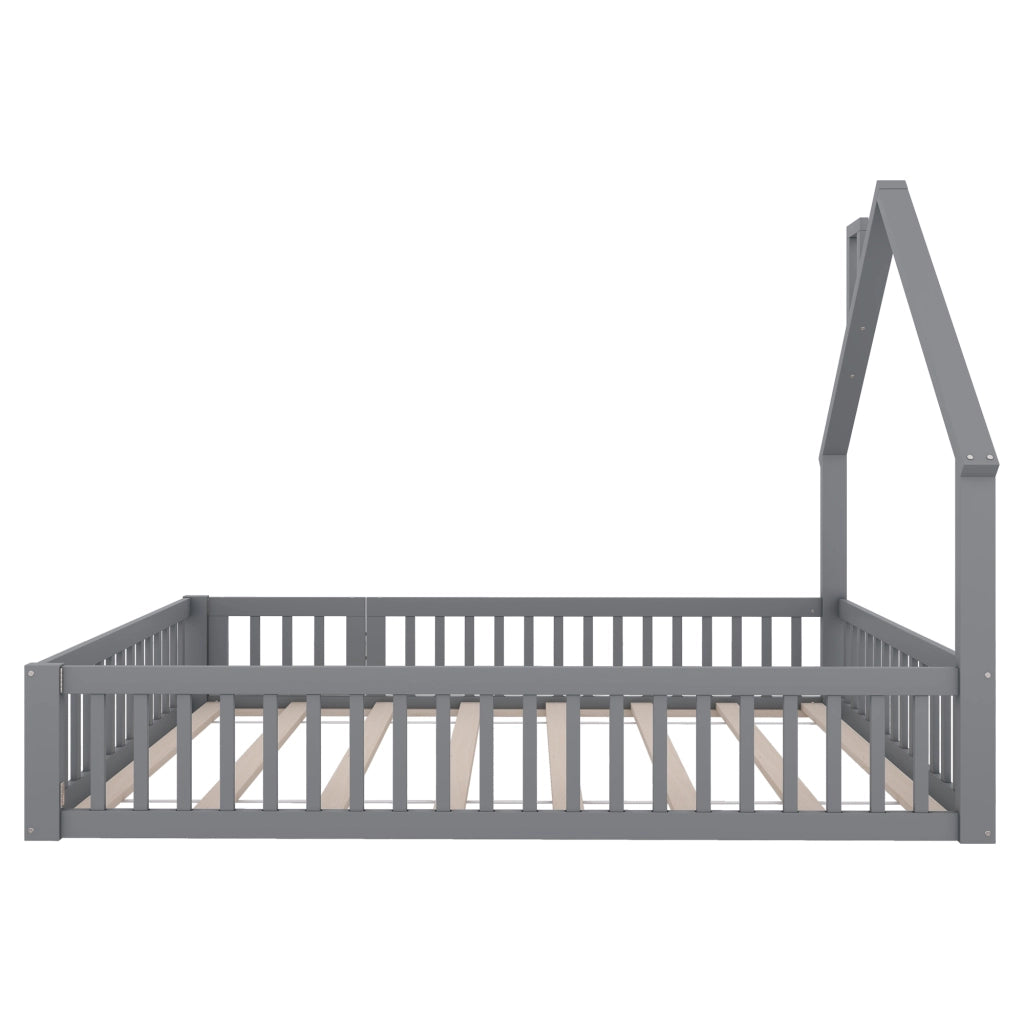 OKWISH Letto Bambini 140×190 cm, Letto Matrimoniale con Sponda di Sicurezza e Design a Camino, senza Materasso, in Pino, Grigio
