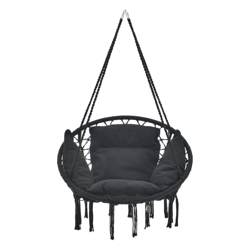 Poltrona Sospesa con Cuscini Altezza Completa di Sostegno 135 cm Altalena Relax Poltrona Appendibile per Interno / Esterno - Supporto Fino a 150 kg - Nero