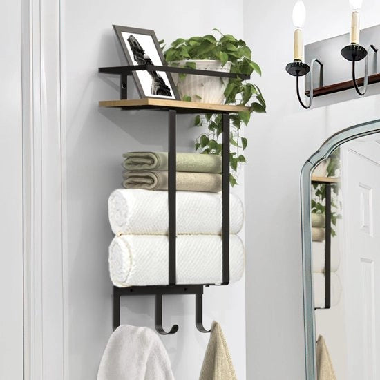 Sostegno per asciugamano a muro, Appoggio asciugamano per ospiti, Piastra per asciugamani bagno con foro per il chiodo, Appoggio asciugamano per bagno con piastra, Appoggio per asciugamani bagno con piastra, Spazio di stoccaggio per bagno, Nero/Legno
