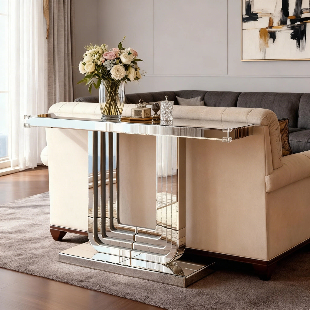 Consolle specchiata con base a U in MDF effetto vetro argentato per ingresso e soggiorno 135 × 40 × 31,5 cm