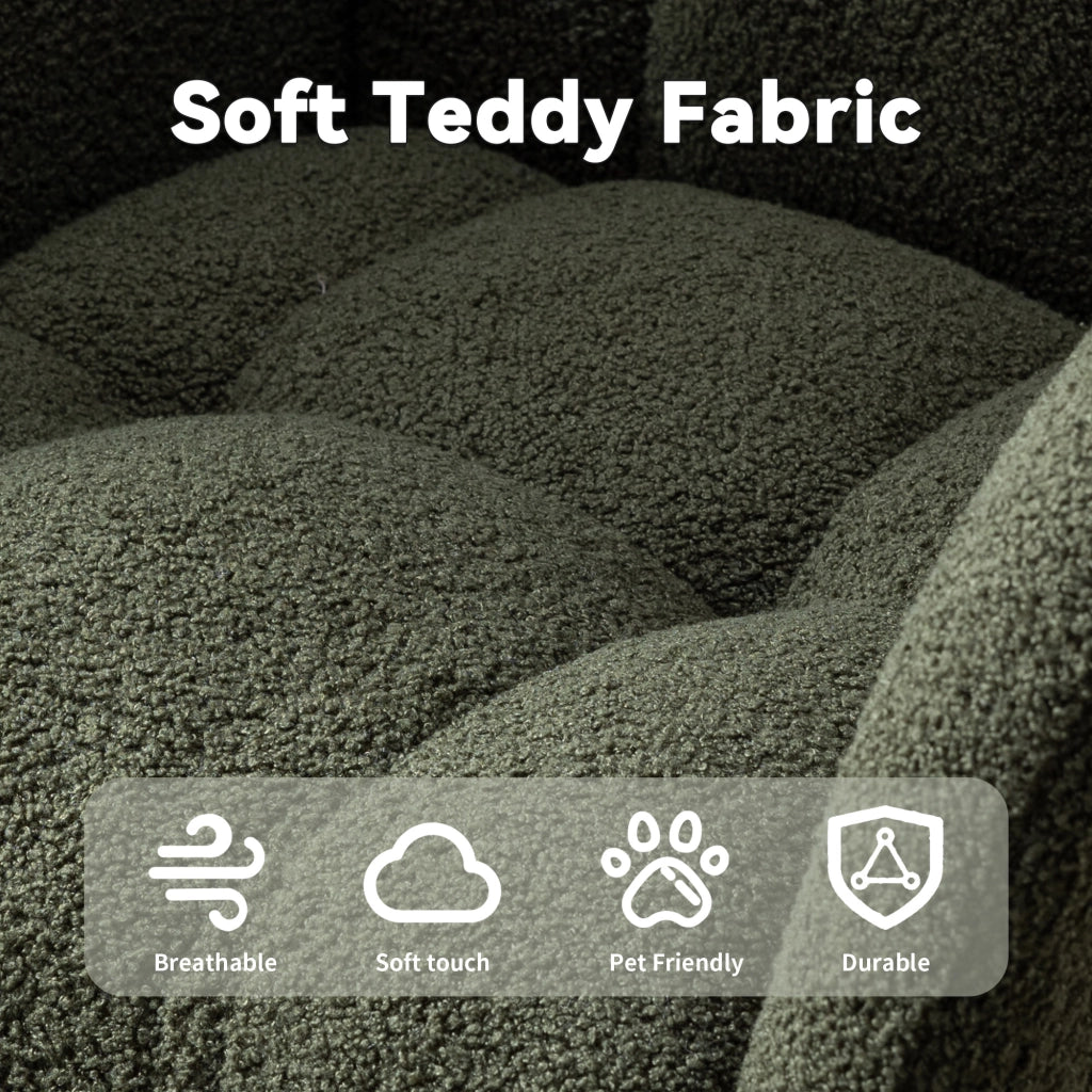 Sedia a dondolo in tessuto teddy con design ergonomico, braccioli e base in legno massello verde scuro