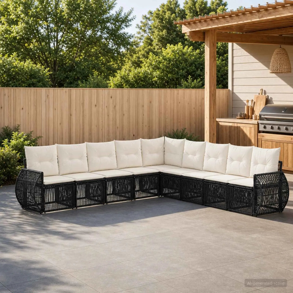 Set Divano da Giardino 9 pz Nero e Bianco Crema polyrattan 3435439