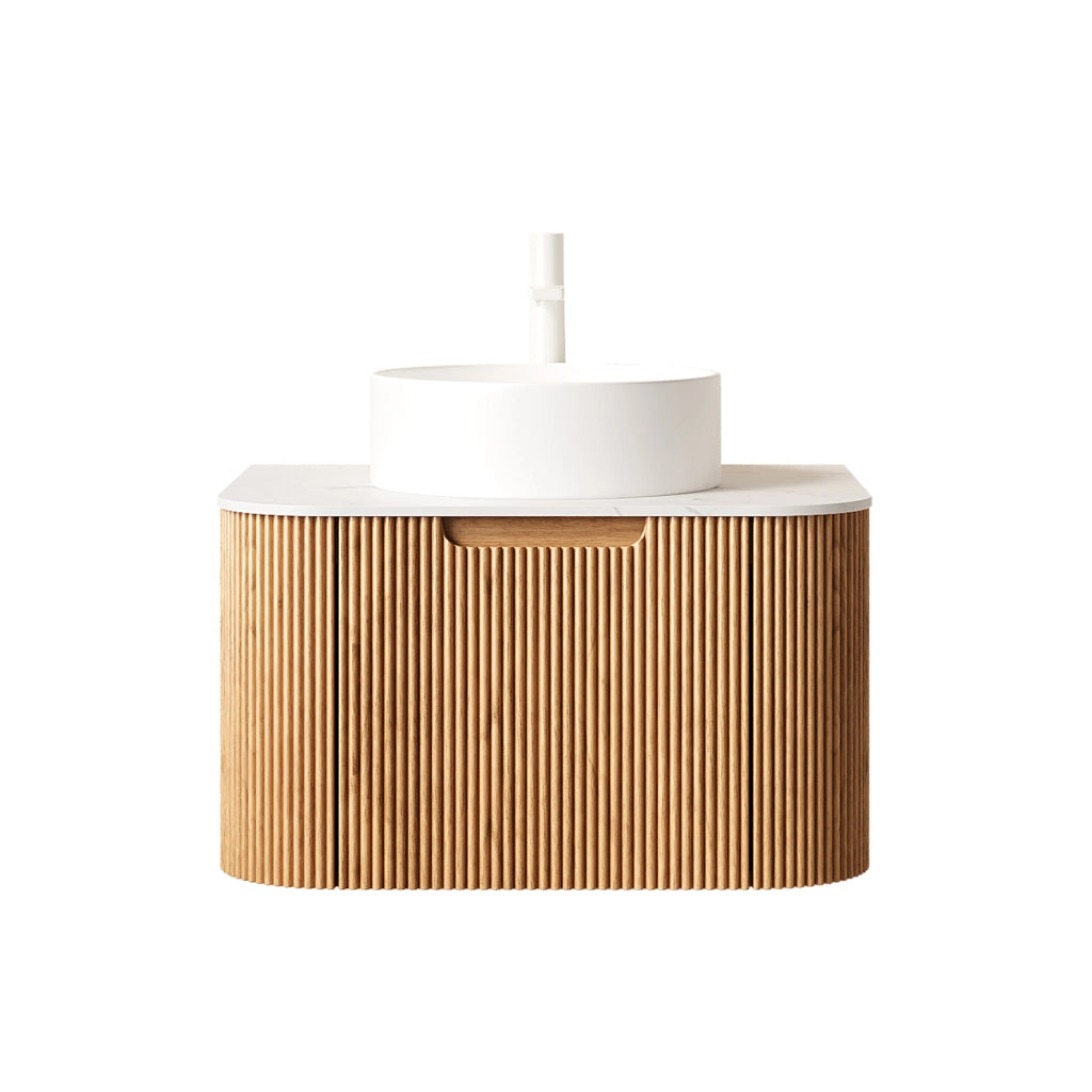 Mobile sottolavabo pensile con lavabo in ceramica e cassetto, per bagno, in legno naturale e bianco, 61 cm