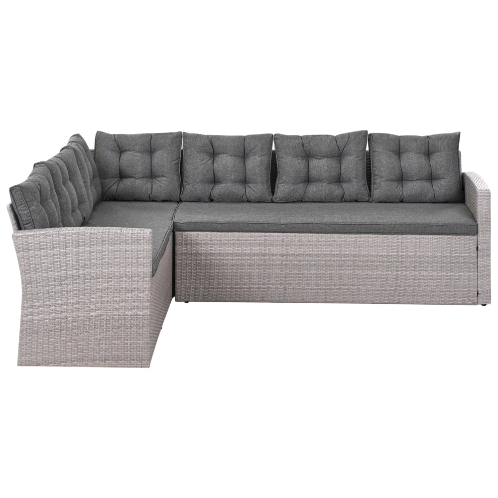 Set da pranzo ad angolo da giardino grigio finto rattan con cuscini divano panca tavolo rettangolare piano in vetro 80 x 145 cm vimini
