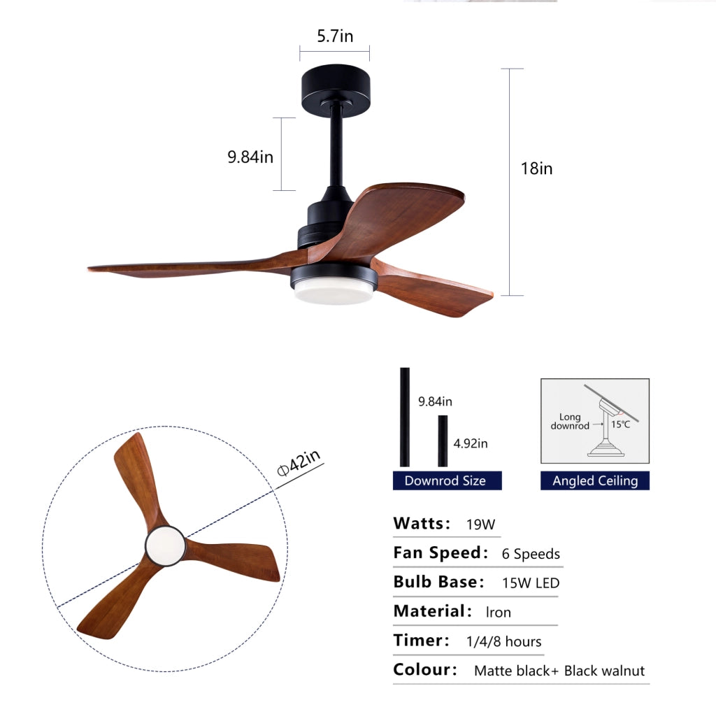 Ventilatore da soffitto 42" con luce, 6 velocità, motore DC reversibile e telecomando