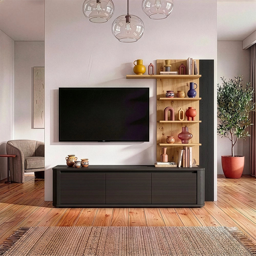 Soggiorno parete attrezzata Core piccolo con porta tv e libreria pensile in rovere e nero