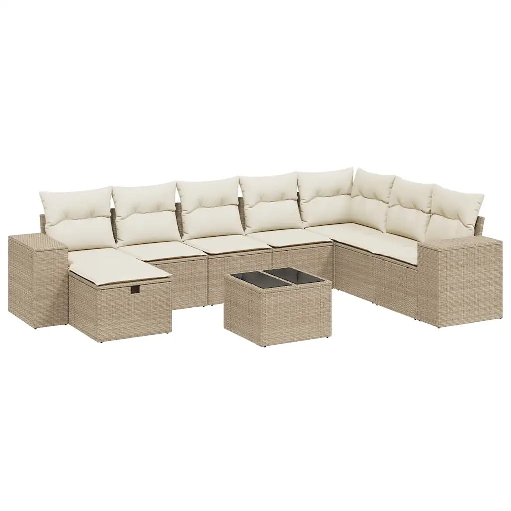 Set Divano da Giardino 9 pz con Cuscini Beige in Polyrattan