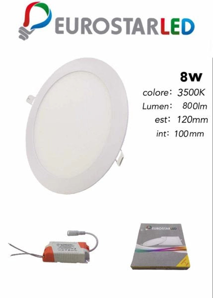 Faretto Pannello LED 8W Luce Calda Foro 10cm Ultra Slim Rotondo Incasso Molla WATT