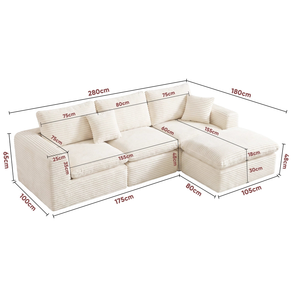 Divano modulare 3 pezzi configurabile con seduta profonda e schienali morbidi in velluto a coste beige per salotto