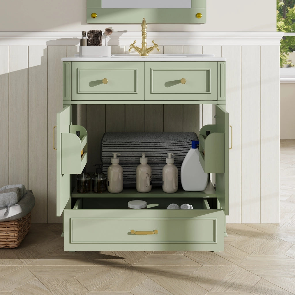 Mobile Sottolavabo con Lavabo in Ceramica ¨C MINIMAL ¨C Cassetto Soft-Close, Verde, 81x45.5x86.5 cm