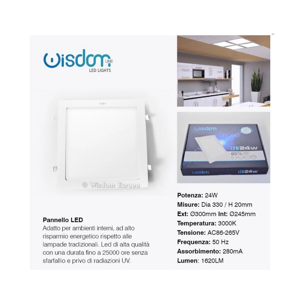 Trade Shop - Pannello A Led Tondo O Quadrato Ad Da Incasso Luce Fredda Calda Neutra Wisdom - -bianco Freddo-24 Watt -quadrato    -