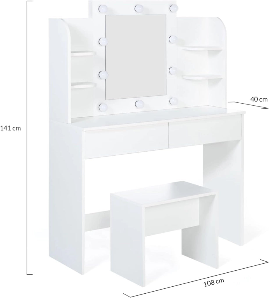 ZELIA tavolo da toilette bianco con 4 ripiani, specchio LED e sgabello