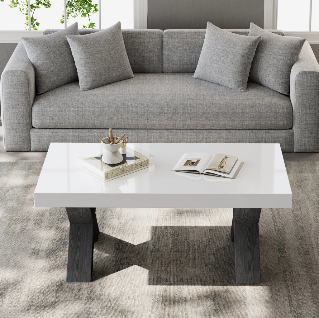 Tavolino da salotto rettangolare 100x50x40 cm in MDF bianco e nero; finitura lucida