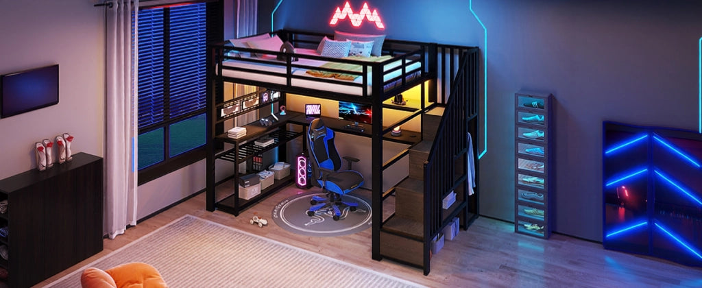 DESMIU Letto a soppalco 90 × 200 cm 1 posto con LED, scrivania, armadio e ripiano, senza materasso, nero