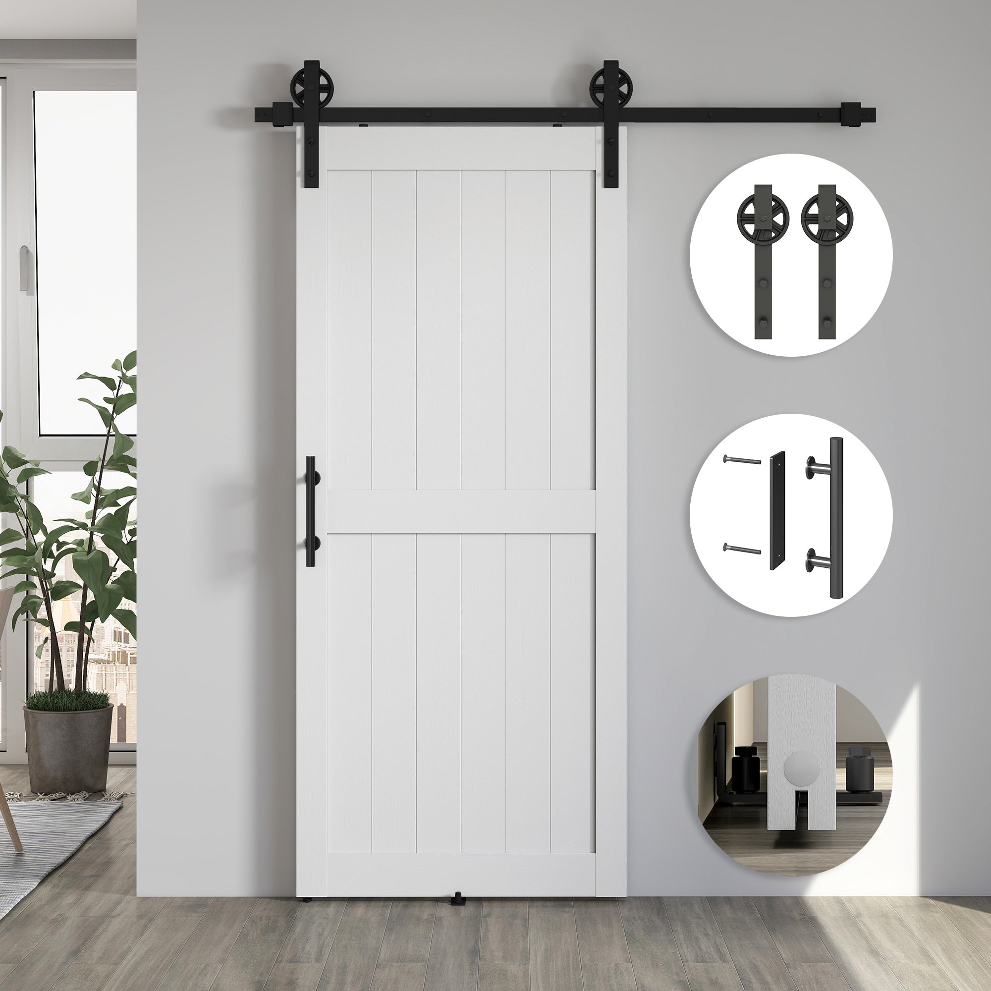 Porta Scorrevole in Stile Country con Binario 91,5x 213,4A cm in Legno e Acciaio Bianco e Nero