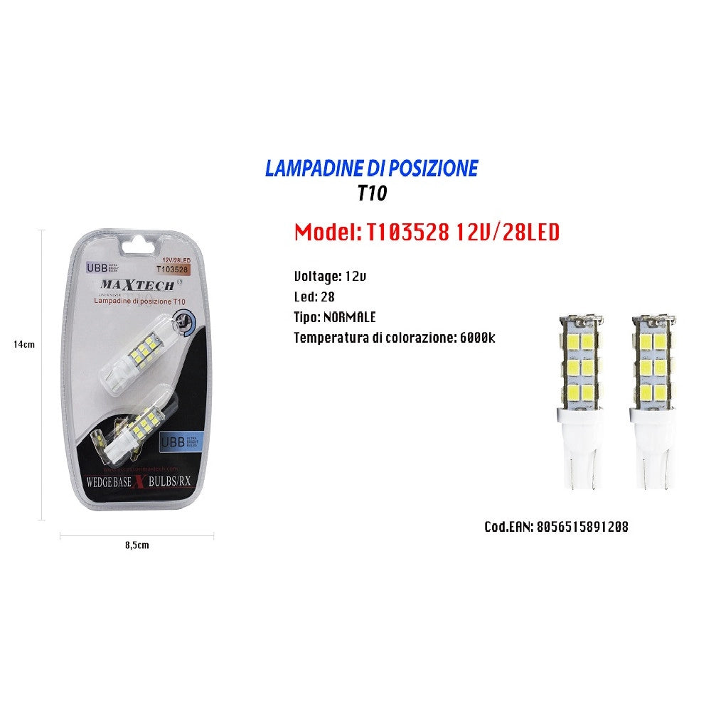 Trade Shop - Lampadine Di Posizione T10 Maxtech T103528 12v 28led 6000k Lampadine Ultra Luminose -