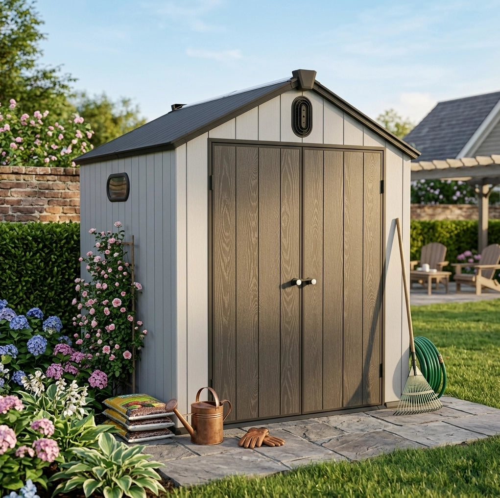 Casetta da giardino 6x8 ft in resina con doppia parete; grigio e bianco
