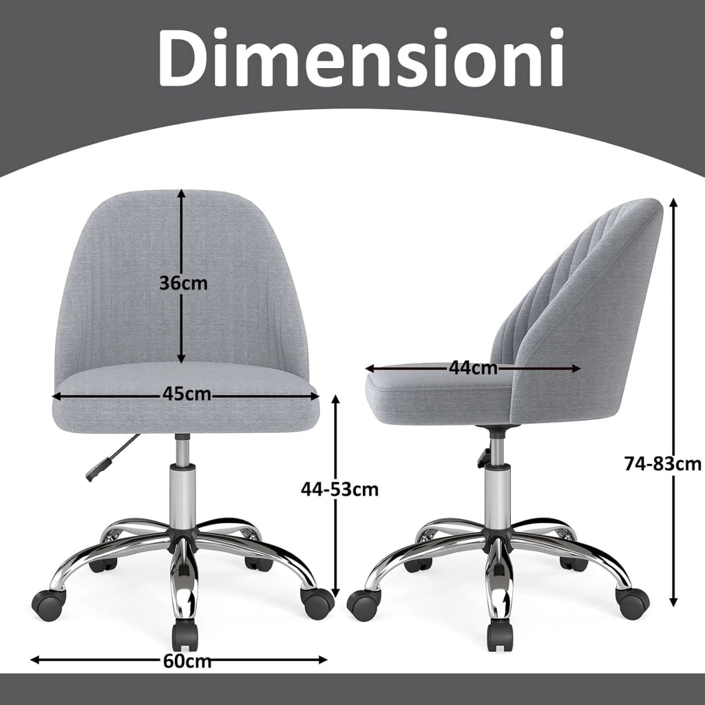 Sedia da Ufficio, Sedia da Scrivania Moderna senza Braccioli, con Schienale Curvo e Seduta Imbottita, Regolabile in Altezza con Rotelle Lisce per Camera da Letto (Grigio)