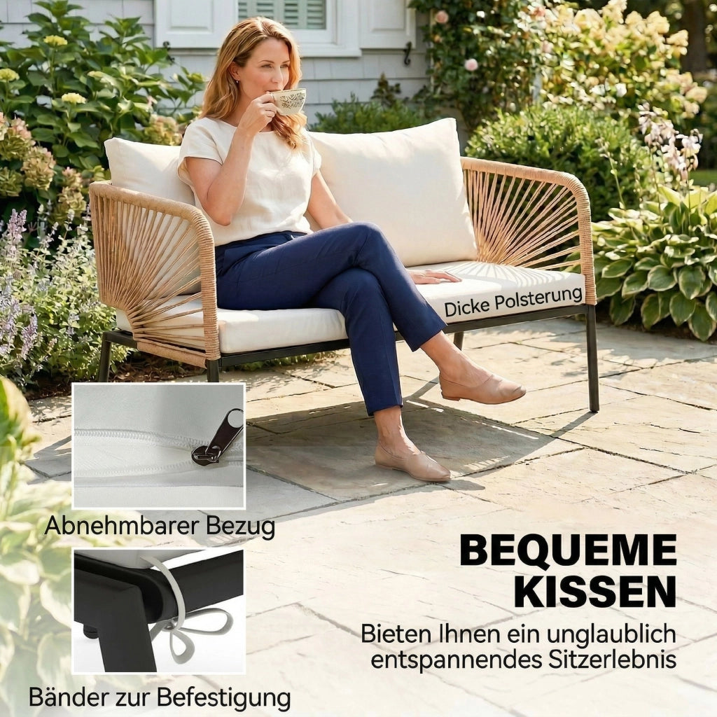 Set Giardino 4 Posti con Divano 2 Posti, 2 Poltrone e Tavolo ¨C Zephmum ¨C Grigio Polyrattan Textilene 135x85x75