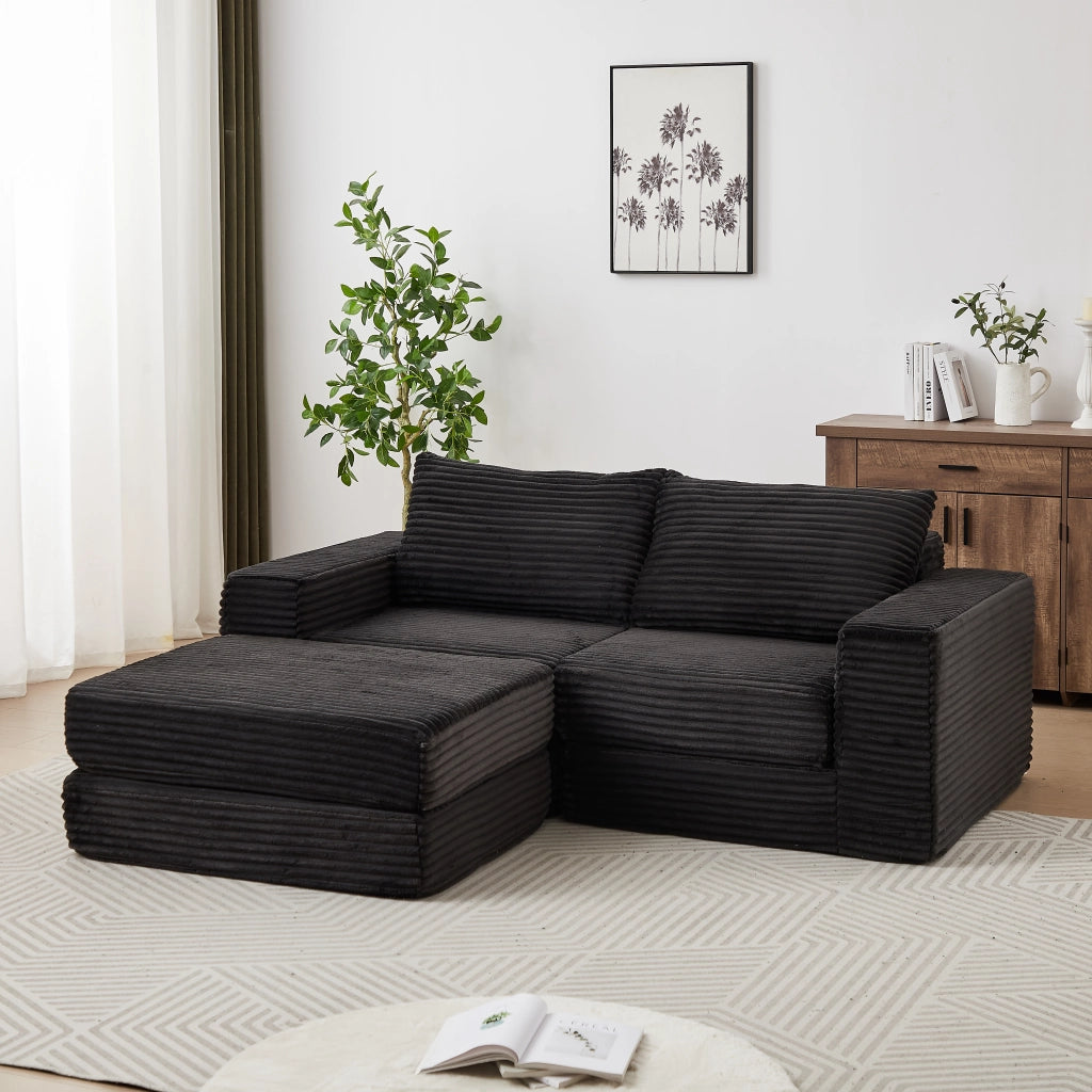 Divano letto modulare con chaise longue e braccioli quadrati, in velluto a coste Nero