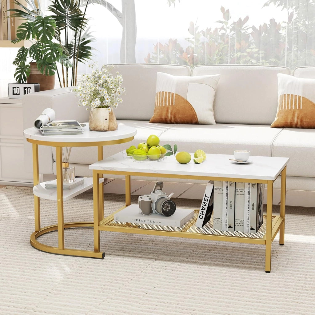 Set di Tavolini da Caffè a 2 Pezzi, Tavolini Sovrapponibili a 2 Livelli con Piano in Marmo Finto e Struttura in Metallo, Tavolino Rettangolare e Tavolino Rotondo (Oro+Bianco)