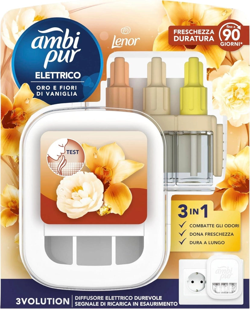 AMBI PUR 3VOLUTION PROFUMATORE 1 DIFFUSORE ELETTRICO CON RICARICA FRAGRANZA ORO E FIORI ELIMINA ODORI FINO A 90 GIORNI
