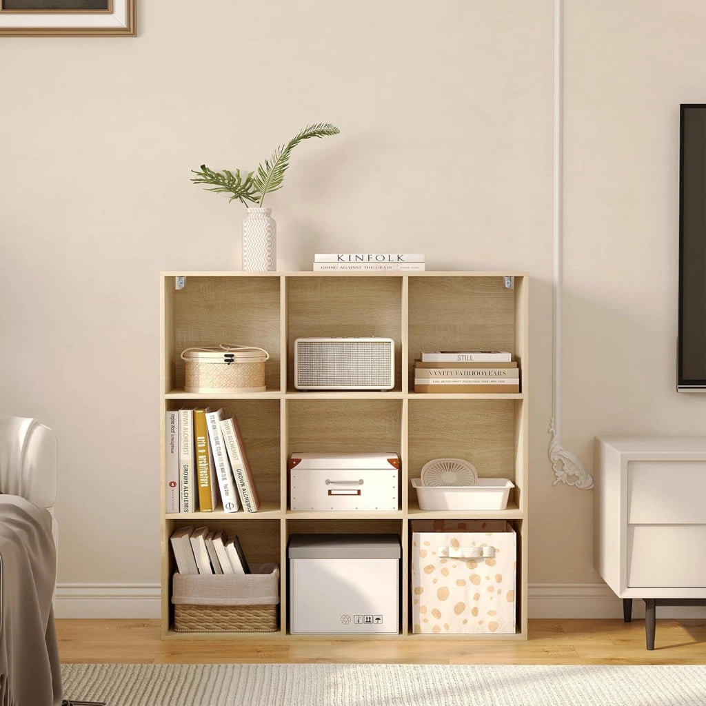 Libreria con 9 Scomparti, Libreria a Giorno, Scaffale a Cubo, Scaffale Divisorio in Piedi, per Ufficio, Soggiorno, Camera da Letto, 94x29,5x93 cm, Rovere Chiaro, SK048hei