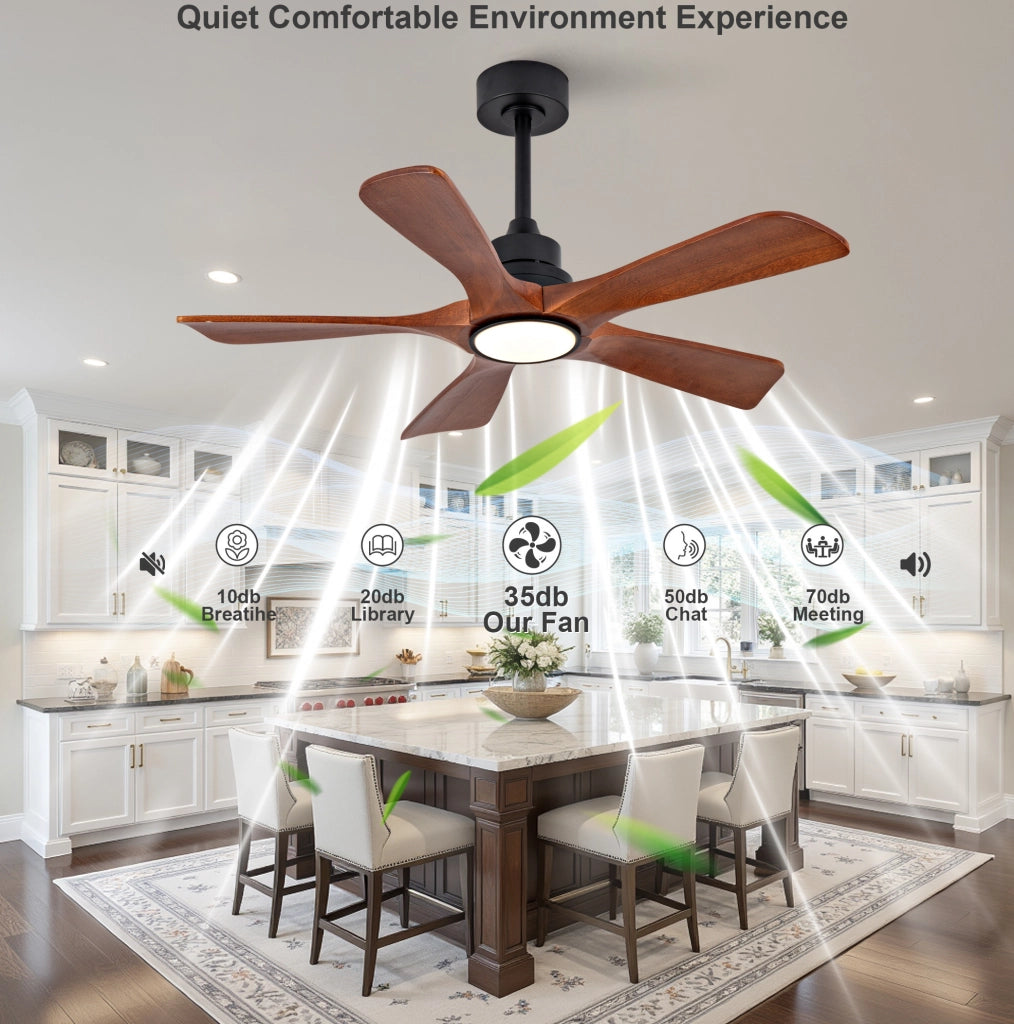 Ventilatore da soffitto 42 pollici con luce LED; 5 pale in legno; telecomando; noce e nero