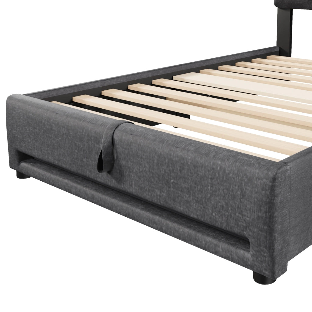 Letto imbottito 90x200 cm in lino grigio con LED APP; vano contenitore idraulico e porta USB