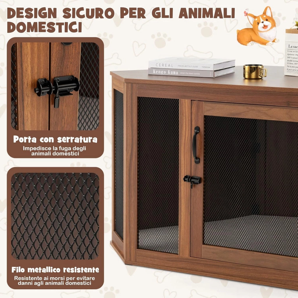 Gabbia per Cani ad Angolo, Casetta per Cani Angolare con Porta a Rete e Cuscino, Maniglia e Chiavistello, Mobile Kennel per Animali da Interno per Stanze e Appartamenti Piccoli