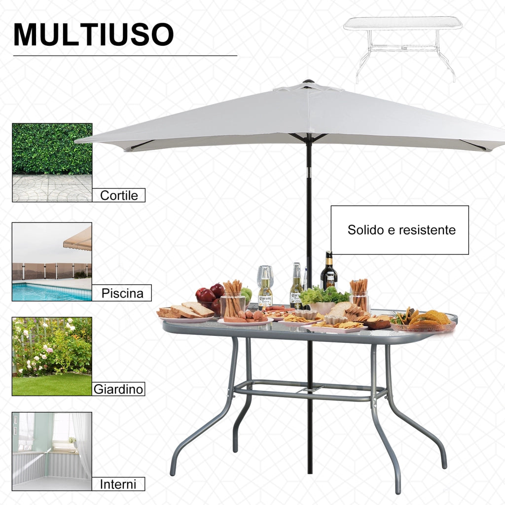 Tavolo da Giardino in Metallo e Vetro con Foro Ombrellone 120x80x70cm
