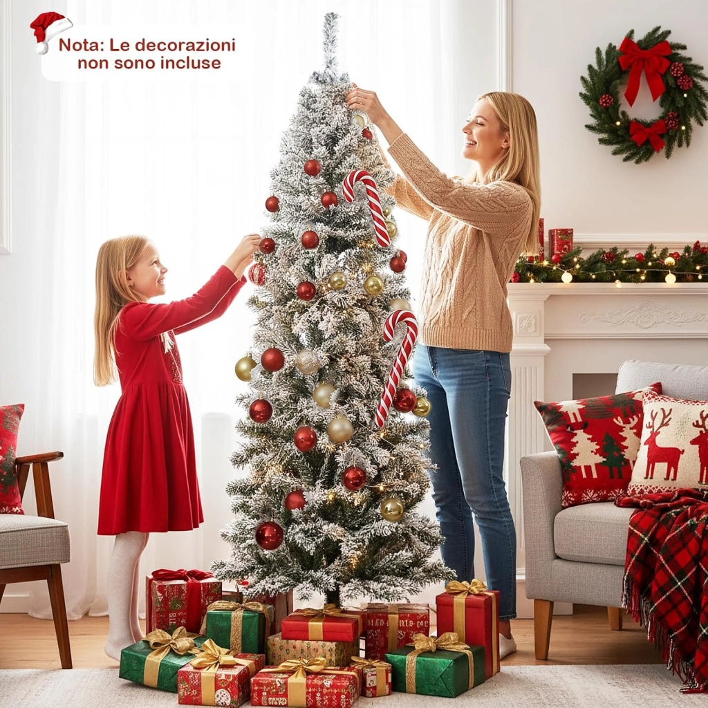 Albero di Natale Slim 180cm, Albero di Natale Innevato con 260 Luci LED, 8 Modalità, 533 Rami in PVC e Base in Metallo Pieghevole, Decorazione Natalizia per Casa e Ufficio (180 cm)