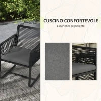 Set da Giardino in Rattan con 2 Poltroncine con Cuscini e Tavolino da Caffè in Vetro, Nero
