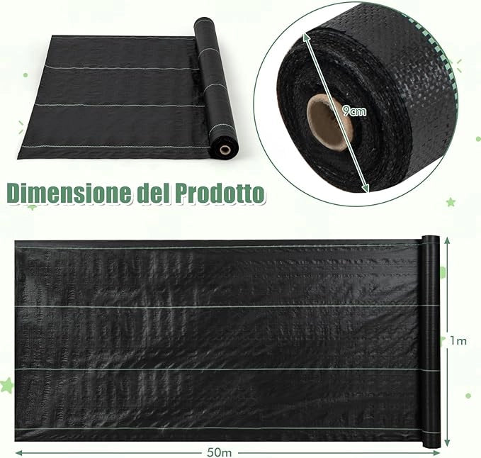 Telo Pacciamatura 50 x 1m/25 x 2m, Tessuto per Barriera Antierbacce in PP con Linea Guida Chiara e Diritta, Telo Antierbacce per Orto, Giardino, Paesaggistica e Vialetto (50 x 1 m - 60 g/m²)