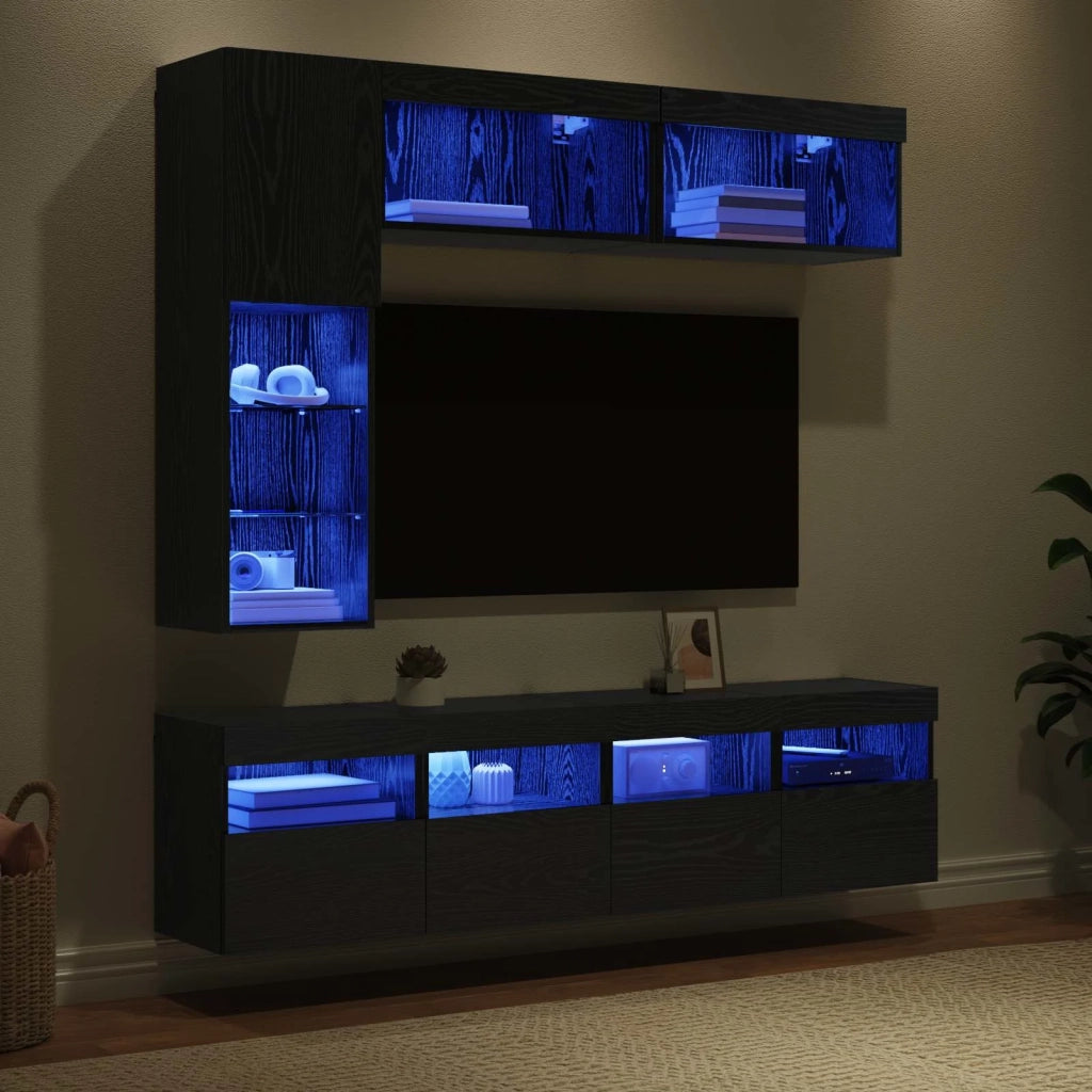 Mobile TV con led 7 pcs Rovere Nero Legno multistrato