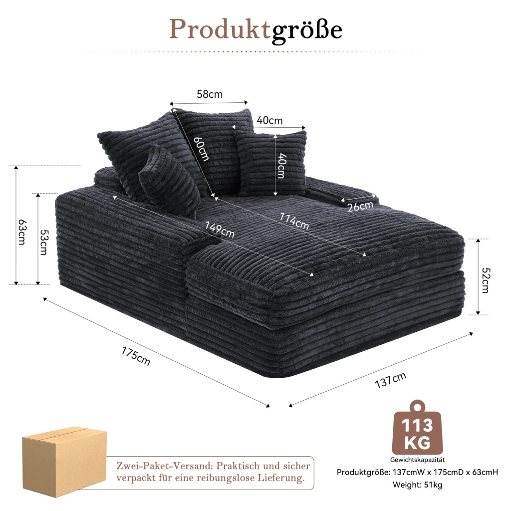 Chaise longue relax con 4 cuscini sfoderabili lavabili design ergonomico senza montaggio in velluto a coste grigio