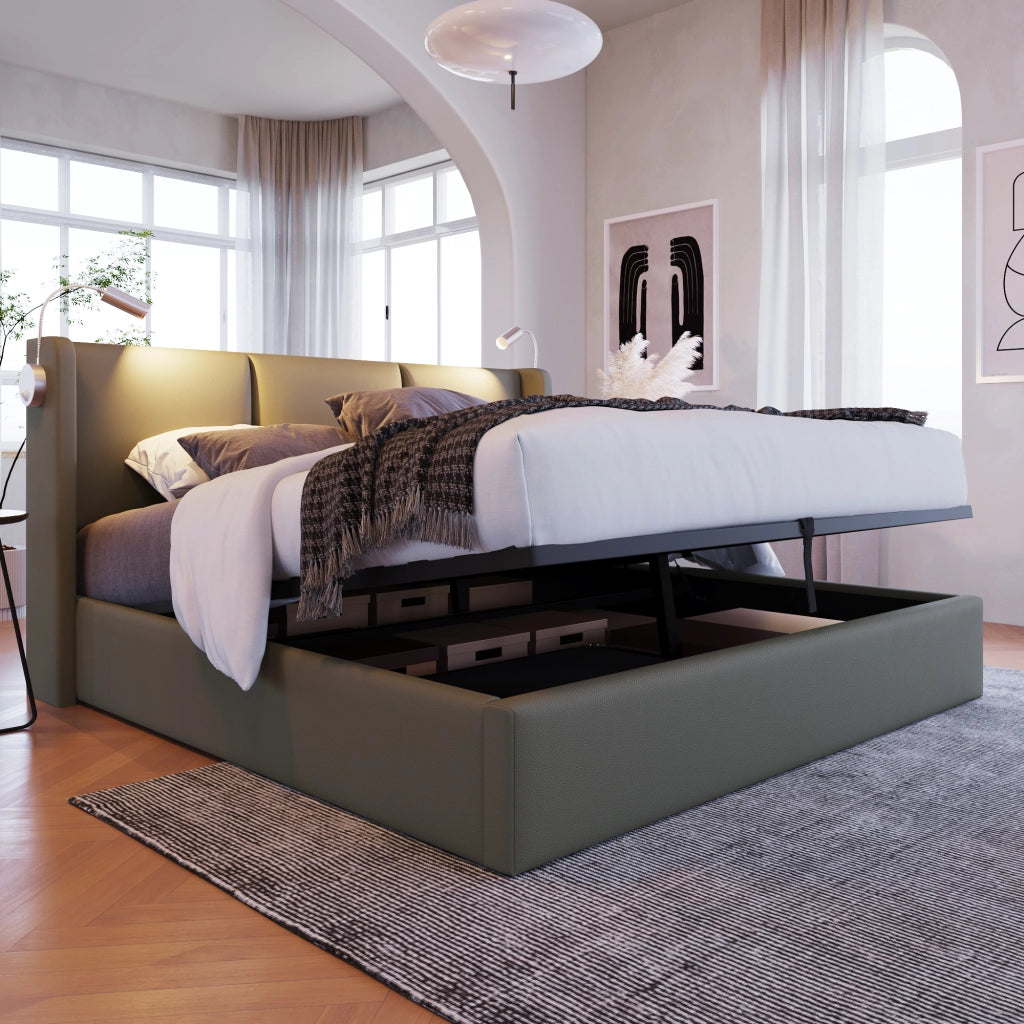 LETTO Contenitore 180x200 cm Grigio in PU con lampada da lettura e USB
