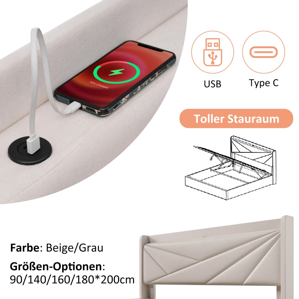 LETTO Contenitore 140x200 cm Beige in Cotone e Lino con USB Type-C
