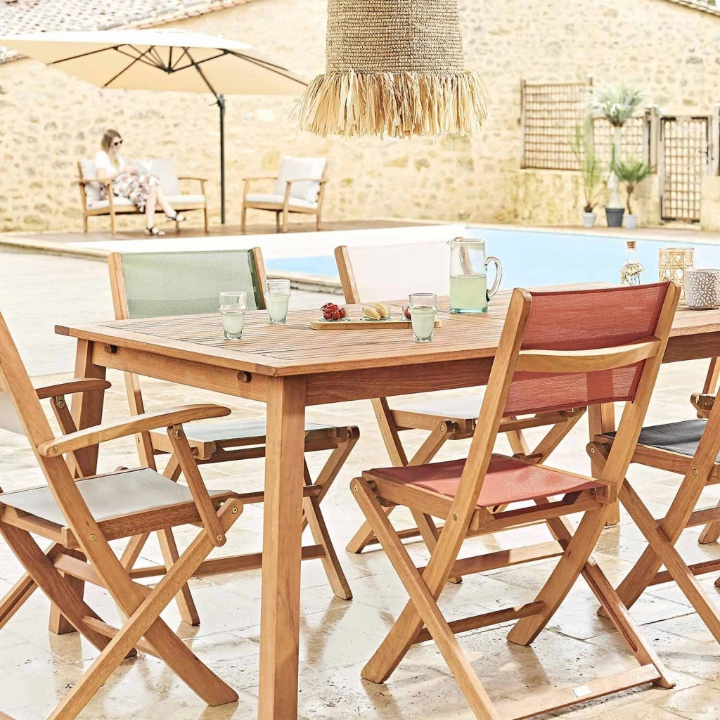 Set tavolo da giardino rettangolare allungabile in legno con 6 sedie,