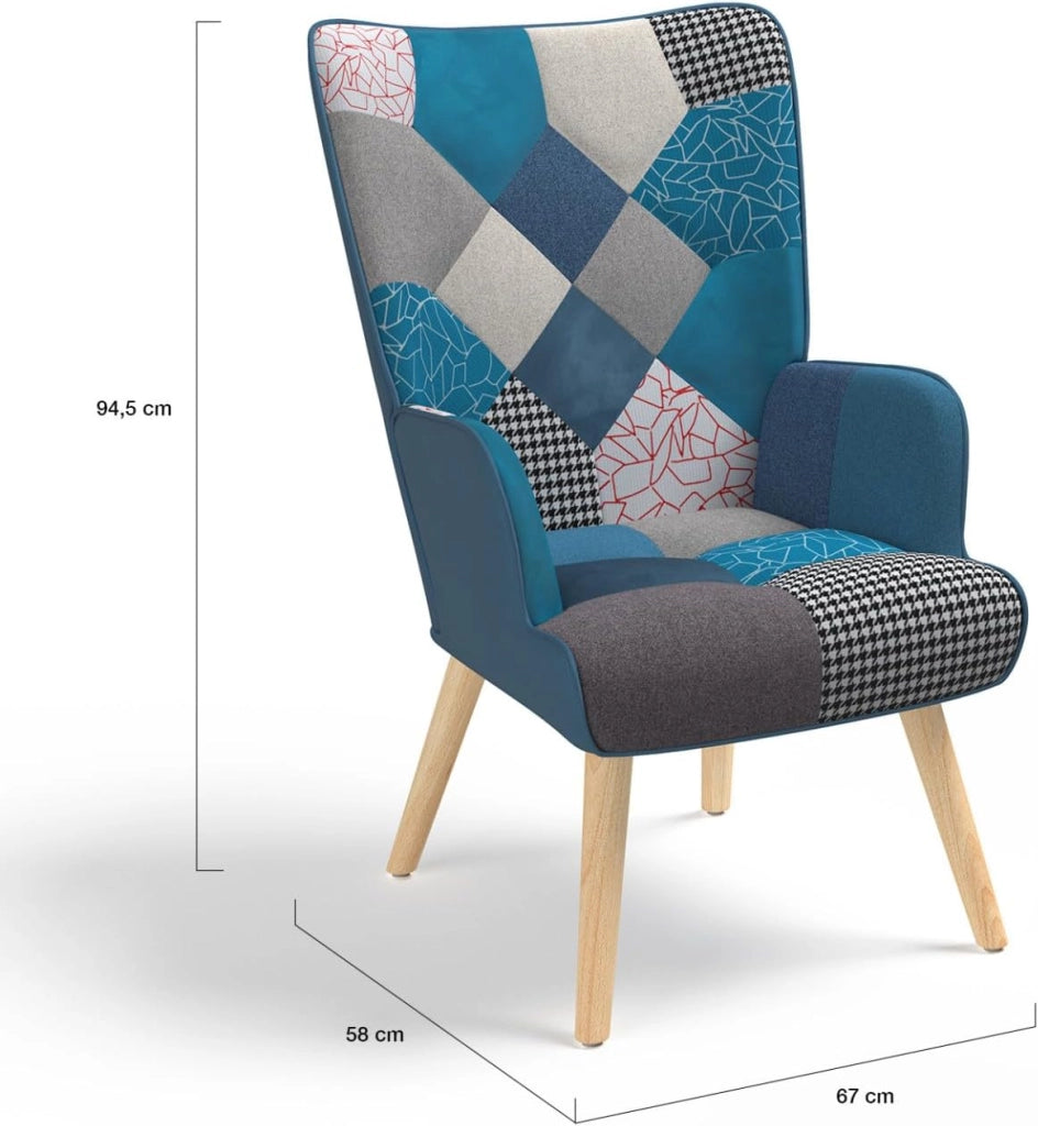 Poltrona scandinava IVAR in tessuto patchwork e velluto blu