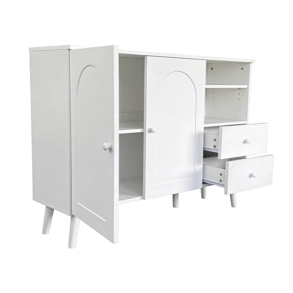 Credenza sideboard bianca con ante curve, 2 cassetti, vani a giorno e gambe in legno