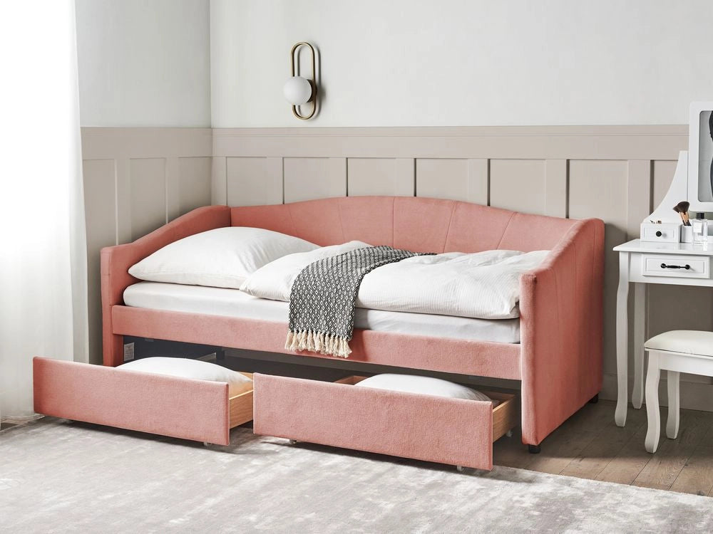 Lettino da giorno Rosa EU Dimensione singola Poliestere Imbottitura a doghe Telaio in legno di eucalipto Cassetti in compensato Camera da letto moderna