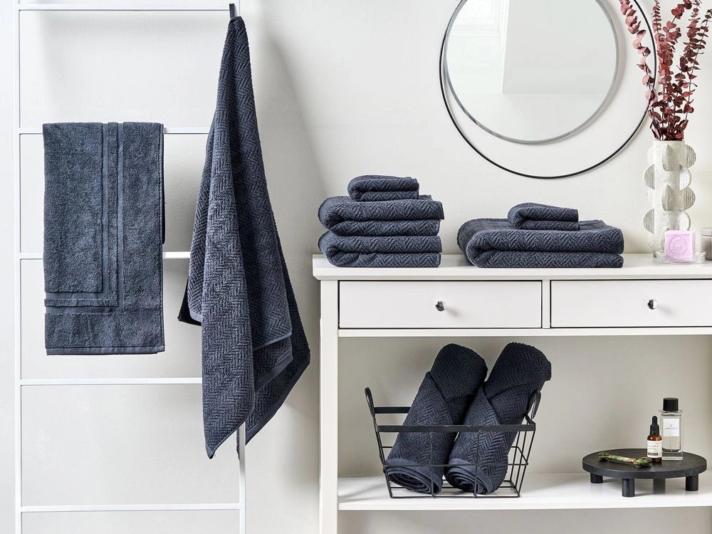 Set di 9 asciugamani in morbido cotone blu scuro con motivo a spina di pesce stile varie dimensioni classico ospiti bagno