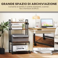 Carrello Porta Stampante a 4 Livelli con Prese di Corrente, Ruote e Telaio in Metallo, 55x37.5x100 cm, Marrone