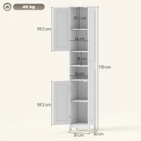 Mobile Alto Bagno con 2 Ripiani Aperti e 2 Armadietti con Scaffali Regolabili, in Legno, 30x30x170 cm, Bianco