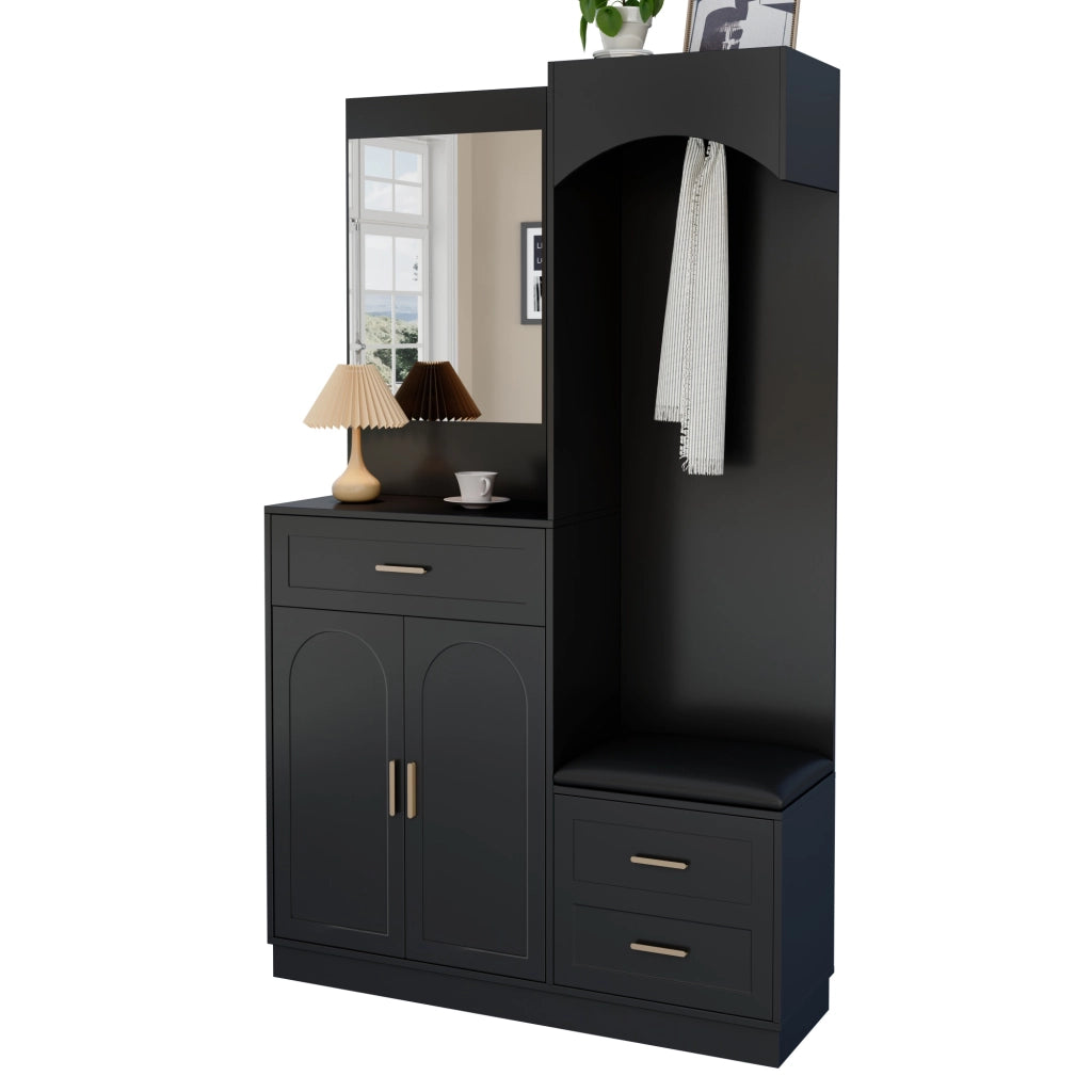 Mobile Ingresso con Specchio; 2 Ante; 2 Cassetti e Panca Scarpiera; Ripiani Regolabili; Moderno; in MDF; Nero; 110??33??185;5 cm