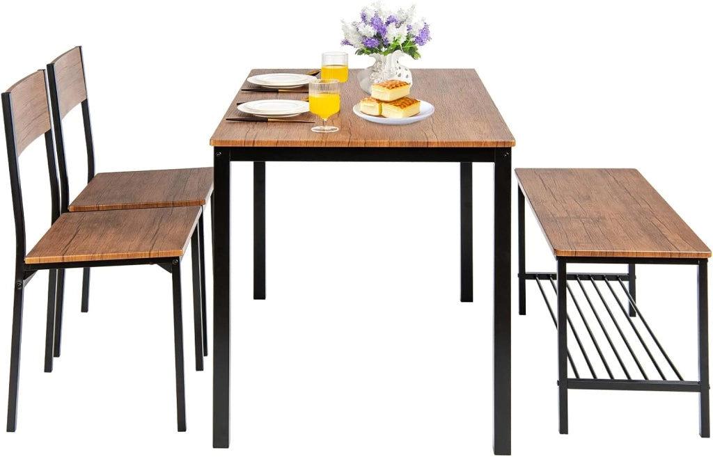 Set Tavolo e Sedie da Pranzo 4 Pezzi, Tavolo da Pranzo con 2 Sedie e 1 Panca, Set Mobili da Cucina Salvaspazio con 4 Posti, per Cucina, Sala da Pranzo e Soggiorno (Marrone)